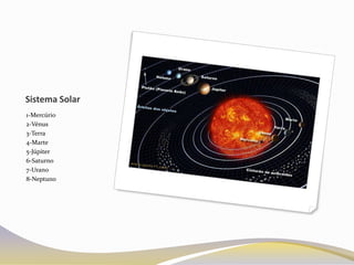Sistema Solar
1-Mercúrio
2-Vénus
3-Terra
4-Marte
5-Júpiter
6-Saturno
7-Urano
8-Neptuno
 