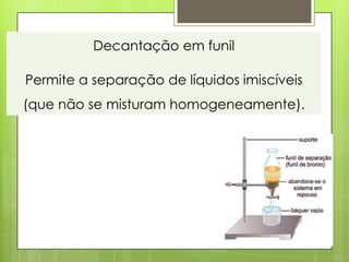 Decantação em funil

Permite a separação de líquidos imiscíveis
(que não se misturam homogeneamente).
 