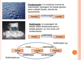 Condensação- é a mudança inversa da
                        vaporização: passagem do estado gasoso
                        para o estado liquido, através de
                        aquecimento.
                                            condensação
                           Gasoso                           Liquido


                         Sublimação- é a passagem do
                         estado sólido diretamente para o
                         estado gasoso, ou vice versa, por
                         arrefecimento.
                                             sublimação
                             Sólido                         Gasoso


                                                          Sublimação s-g
                     fusão                   vaporização
         Sólido                   Liquido                 Gasoso

                  solidificação             condensação
Sublimação g-s
 