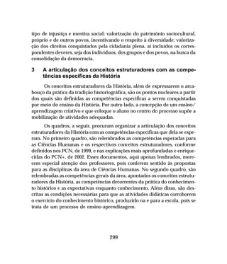 299
tipo de injustiça e mentira social; valorização do patrimônio sociocultural,
próprio e de outros povos, incentivando o respeito à diversidade; valoriza-
ção dos direitos conquistados pela cidadania plena, aí incluídos os corres-
pondentes deveres, seja dos indivíduos, dos grupos e dos povos, na busca da
consolidação da democracia.
3 A articulação dos conceitos estruturadores com as compe-
tências específicas da História
Os conceitos estruturadores da História, além de expressarem o arca-
bouço da prática da tradição historiográfica, são os pontos nucleares a partir
dos quais são definidas as competências específicas a serem conquistadas
por meio do ensino da História. Por outro lado, a concepção de um ensino/
aprendizagem criativo e que coloque o aluno no centro do processo supõe a
mobilização de atividades adequadas.
Os quadros, a seguir, procuram organizar a articulação dos conceitos
estruturadores da História com as competências específicas que dela se espe-
ram. No primeiro quadro, são relembrados as competências esperadas para
as Ciências Humanas e os respectivos conceitos estruturadores, conforme
definidos nos PCN, de 1999, e nas explicações mais aprofundadas e enrique-
cidas do PCN+, de 2002. Esses documentos, aqui apenas lembrados, mere-
cem especial atenção dos professores, pois conferem sentido às propostas
para as disciplinas da área de Ciências Humanas. No segundo quadro, são
relembradas as competências gerais da área, apontados os conceitos estrutu-
radores da História, as competências decorrentes da prática do conhecimen-
to histórico e as expectativas enquanto conhecimento. Além disso, são des-
critas as condições necessárias para que as atividades didáticas corroborem
o exercício do conhecimento histórico, produzido na e para a escola, pois se
trata de um processo de ensino-aprendizagem.
 