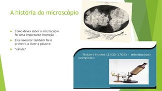 A história do microscópio
 Como deves saber o microscópio
foi uma importante invenção
 Este inventor também foi o
primeiro a dizer a palavra:
 “célula”
 