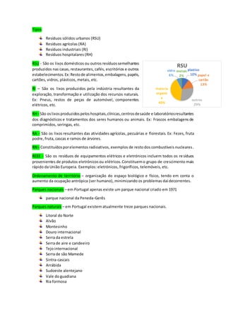 Tipos:
Resíduos sólidos urbanos (RSU)
Resíduos agrícolas (RA)
Resíduos industriais (RI)
Resíduos hospitalares (RH)
RSU - São os lixos domésticos ou outros resíduossemelhantes
produzidos nas casas, restaurantes, cafés, escritórios e outros
estabelecimentos. Ex:Restode alimentos,embalagens,papéis,
cartões, vidros, plásticos, metais, etc.
RI – São os lixos produzidos pela indústria resultantes da
exploração, transformação e utilização dos recursos naturais.
Ex: Pneus, restos de peças de automóvel, componentes
elétricos, etc.
RH - São oslixosproduzidospelos hospitais,clínicas,centrosdesaúde e laboratóriosresultantes
dos diagnósticos e tratamentos dos seres humanos ou animais. Ex: Frascos embalagens de
comprimidos, seringas, etc.
RA - São os lixos resultantes das atividades agrícolas, pecuárias e florestais. Ex: Fezes, fruta
podre, fruta, cascas e ramos de árvores.
RN - Constituídosporelementos radioativos, exemplos de resto dos combustíveis nucleares.
REEE - São os resíduos de equipamentos elétricos e eletrónicos incluem todos os resíduos
provenientes de produtos eletrónicos ou elétricos.Constituemo grupo de crescimento mais
rápido da União Europeia. Exemplos: eletrónicos, frigoríficos, telemóveis, etc.
Ordenamento de território – organização do espaço biológico e físico, tendo em conta o
aumento da ocupação antrópica (ser humano), minimizando os problemas daí decorrentes.
Parques nacionais – em Portugal apenas existe um parque nacional criado em 1971
parque nacional da Peneda-Gerês
Parques naturais – em Portugal existem atualmente treze parques nacionais.
Litoral do Norte
Alvão
Montesinho
Douro internacional
Serra da estrela
Serra de aire e candeeiro
Tejo internacional
Serra de são Mamede
Sintra-cascais
Arrábida
Sudoeste alentejano
Vale do guadiana
Ria formosa
plastico
10% papel e
cartão
13%
outros
29%
materia
organic
a
40%
vidro
6%
metais
2%
RSU
 