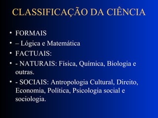 CLASSIFICAÇÃO DA CIÊNCIA FORMAIS – Lógica e Matemática FACTUAIS: - NATURAIS: Física, Química, Biologia e outras. - SOCIAIS: Antropologia Cultural, Direito, Economia, Política, Psicologia social e sociologia. 