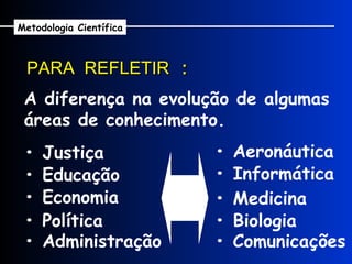 A diferença na evolução de algumas áreas de conhecimento. PARA  REFLETIR   : Metodologia Científica •  Justiça •  Educação •  Economia •  Aeronáutica  •  Política •  Informática  •  Medicina  •  Biologia  •  Comunicações  •  Administração 