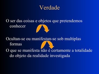 Verdade O ser das coisas e objetos que pretendemos conhecer Ocultan-se ou manifestan-se sob multiplas formas O que se manifesta não é certamente a totalidade do objeto da realidade investigada 