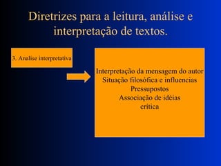 Diretrizes para a leitura, análise e interpretação de textos. 3. Analise interpretativa Interpretação da mensagem do autor Situação filosófica e influencias Pressupostos Associação de idéias crítica 