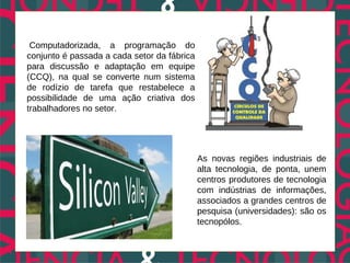 Computadorizada, a programação do
conjunto é passada a cada setor da fábrica
para discussão e adaptação em equipe
(CCQ), na qual se converte num sistema
de rodízio de tarefa que restabelece a
possibilidade de uma ação criativa dos
trabalhadores no setor.




                                             As novas regiões industriais de
                                             alta tecnologia, de ponta, unem
                                             centros produtores de tecnologia
                                             com indústrias de informações,
                                             associados a grandes centros de
                                             pesquisa (universidades): são os
                                             tecnopólos.
 
