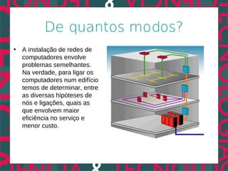 De quantos modos?
• A instalação de redes de
  computadores envolve
  problemas semelhantes.
  Na verdade, para ligar os
  computadores num edifício
  temos de determinar, entre
  as diversas hipóteses de
  nós e ligações, quais as
  que envolvem maior
  eficiência no serviço e
  menor custo.
 