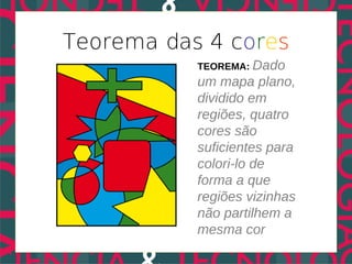 Teorema das 4 cores
           TEOREMA: Dado
           um mapa plano,
           dividido em
           regiões, quatro
           cores são
           suficientes para
           colori-lo de
           forma a que
           regiões vizinhas
           não partilhem a
           mesma cor
 