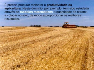 É preciso procurar melhorar a produtividade da
agricultura. Neste domínio, por exemplo, tem sido estudada
através de modelos matemáticos a quantidade de nitratos
a colocar no solo, de modo a proporcionar os melhores
resultados.
 