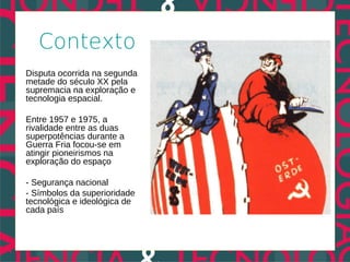 Contexto
Disputa ocorrida na segunda
metade do século XX pela
supremacia na exploração e
tecnologia espacial.

Entre 1957 e 1975, a
rivalidade entre as duas
superpotências durante a
Guerra Fria focou-se em
atingir pioneirismos na
exploração do espaço

- Segurança nacional
- Símbolos da superioridade
tecnológica e ideológica de
cada país
 