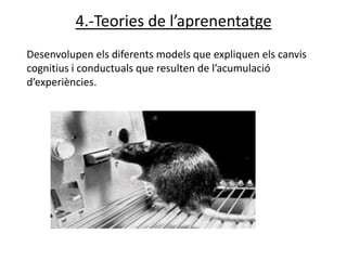 4.-Teories de l’aprenentatge
Desenvolupen els diferents models que expliquen els canvis
cognitius i conductuals que resulten de l’acumulació
d’experiències.
 