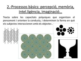 2.-Processos bàsics: percepció, memòria,
          intel.ligència, imaginació…
Tracta sobre les capacitats psíquiques que organitzen el
pensament i orienten la conducta, i determinen la forma en què
els subjectes interaccionen amb els objectes .
 