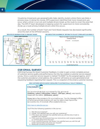 6
Visualizing missed pick-ups geographically helps identify clusters where there was likely a
process issue. In doing this review, DPS supervisors identified that more missed pick-ups
occur when a driver is out sick and multiple drivers break up the route to cover the area that
day. The DPS IT team developed a mapping system for supervisors to more consistently
divide up a route among multiple drivers when this occurs.
As a result, the number of both Trash and Yard Waste requests has decreased significantly
since the start of the DPSStat sessions.
CSR Email Survey
CSR Email Surveys for Direct Customer Feedback. In order to gain a more complete picture
of customer service quality and performance, the City has created a customer service request
survey. Once a customer service request is marked “CLOSED” by the assigned agency, and if
the customer provided an email address, the customer will receive an auto-generated email
requesting feedback regarding their request. This is a snapshot of the email a customer receives.
69% REDUCTION IN NUMBER OF “RETURN-TO-COLLECT COMPLAINTS (BI-WEEKLY)NEW ROUTE SEGMENTATION TO PREVENT MISSES
NEW CUSTOMER SERVICE SURVEY DEVELOPED TO AUTOMATICALLY SOLICIT FEEDBACK
 