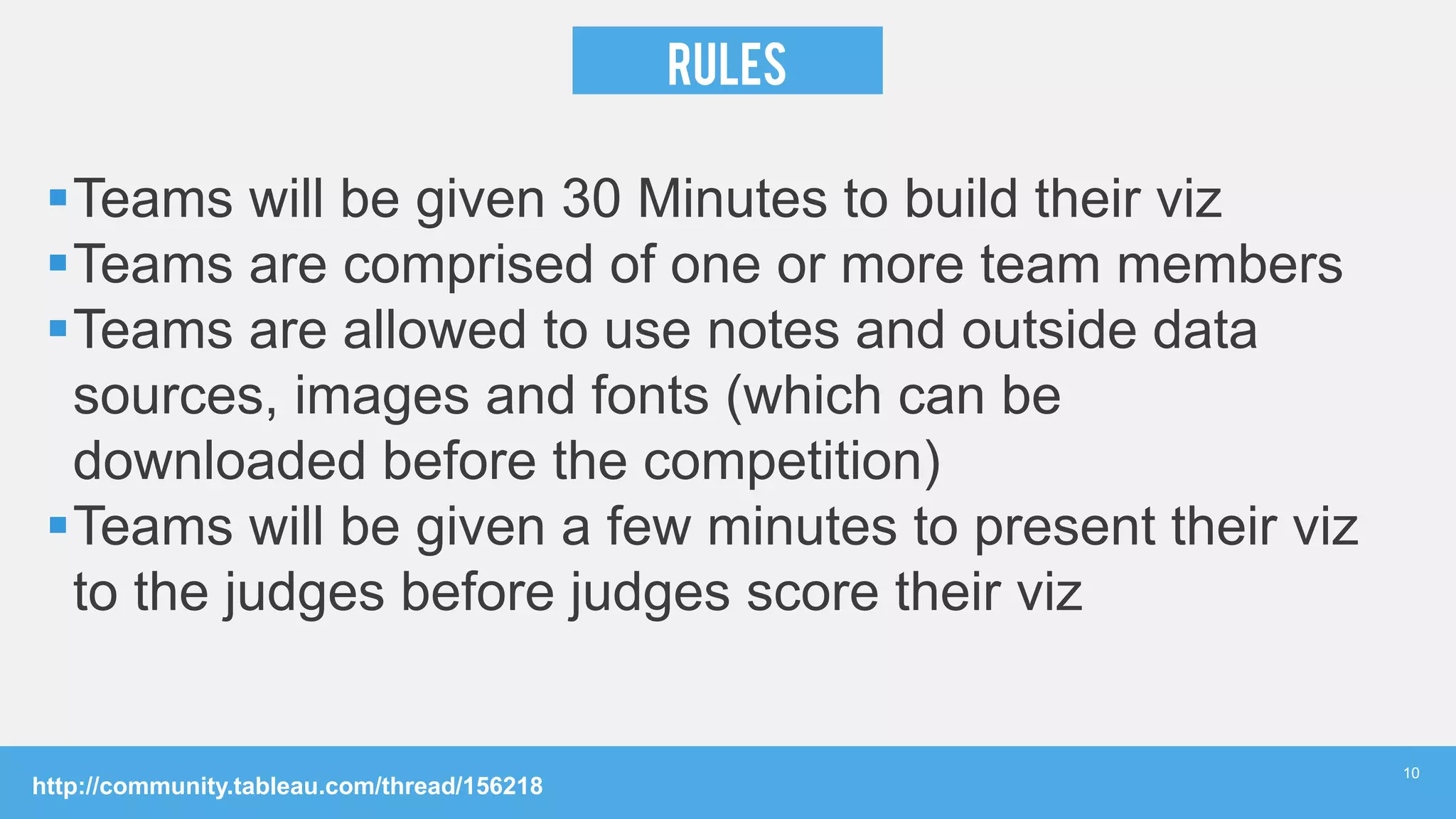 RULES
Teams will be given 30 Minutes to build their viz
Teams are comprised of one or more team members
Teams are allowed to use notes and outside data
sources, images and fonts (which can be
downloaded before the competition)
Teams will be given a few minutes to present their viz
to the judges before judges score their viz
http://community.tableau.com/thread/156218
10
 