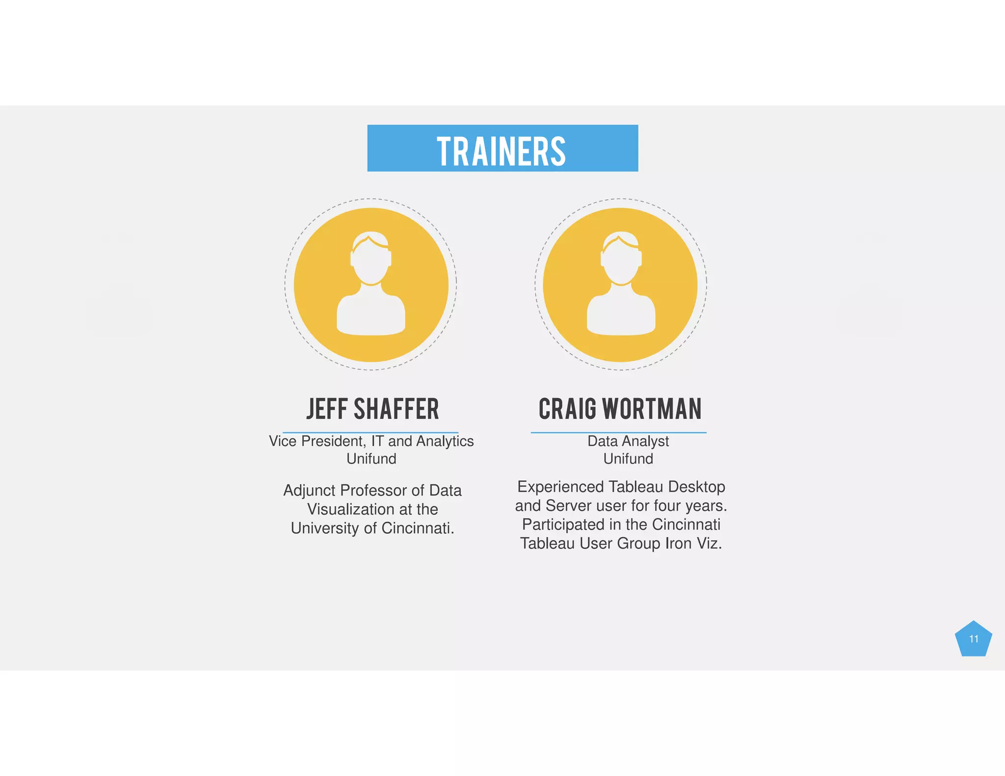 11
TRAINERS
JEFF SHAFFER CraiG WORTMAN
Vice President, IT and Analytics
Unifund
Data Analyst
Unifund
Adjunct Professor of Data
Visualization at the
University of Cincinnati.
Experienced Tableau Desktop
and Server user for four years.
Participated in the Cincinnati
Tableau User Group Iron Viz.
 