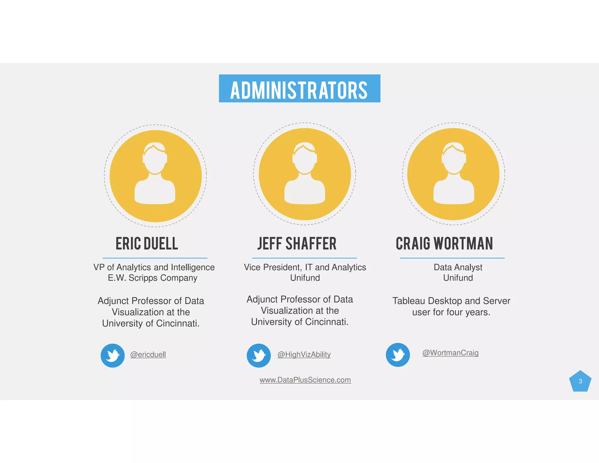 3
Administrators
ERIC DUELL JEFF SHAFFER CRAIG WORTMAN
VP of Analytics and Intelligence
E.W. Scripps Company
Vice President, IT and Analytics
Unifund
Data Analyst
Unifund
Adjunct Professor of Data
Visualization at the
University of Cincinnati.
Adjunct Professor of Data
Visualization at the
University of Cincinnati.
Tableau Desktop and Server
user for four years.
@ericduell @HighVizAbility @WortmanCraig
www.DataPlusScience.com
 