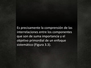Es precisamente la comprensión de las
interrelaciones entre los componentes
que son de suma importancia y el
objetivo primordial de un enfoque
sistemático (Figura 3.3).
 