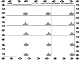Name ___________________Pick a card. Write the subtraction problem and answer on your paper.
(C) 2013 http://kindergartensmorgasboard.blogspot.com
 
