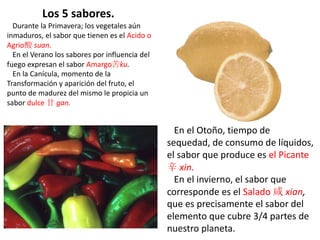 Durante la Primavera; los vegetales aún
inmaduros, el sabor que tienen es el Acido o
Agrio酸 suan.
En el Verano los sabores por influencia del
fuego expresan el sabor Amargo苦ku.
En la Canícula, momento de la
Transformación y aparición del fruto, el
punto de madurez del mismo le propicia un
sabor dulce 甘 gan.
En el Otoño, tiempo de
sequedad, de consumo de líquidos,
el sabor que produce es el Picante
辛 xin.
En el invierno, el sabor que
corresponde es el Salado 咸 xian,
que es precisamente el sabor del
elemento que cubre 3/4 partes de
nuestro planeta.
Los 5 sabores.
 