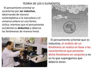 TEORIA DE LOS 5 ELEMENTOS.
El pensamiento oriental se
caracteriza por ser inductivo,
observando de manera
contemplativa a la naturaleza y el
universo entero en una forma
cíclica; mientras que el pensamiento
occidental es deductivo y observa
los fenómenos de manera lineal.
El pensamiento oriental que es
inductivo, el análisis de un
fenómeno se realiza en base a las
características que presenta
dicho fenómeno en conjunto y no
en lo que supongamos que
debería tener.
 