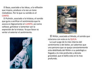 El Bazo, asociado a las Ideas, a la reflexión
que inspira, produce a la voz un tono
melodioso. Por lo que su sonido es el
CANTO.
El Pulmón, asociado a la tristeza, el sonido
que guía a verificar el sentimiento que lo
asocia es lógicamente el LLANTO, así como
sollozar, gimotear o lamentar son la
expresión de la tristeza. Ya que llorar es
verter al exterior el sentimiento.
El Riñón, asociado al Miedo, el sonido que
relaciona con este es la QUEJA.
La cual surge de lo más interno del
sentimiento o del dolor, así sabemos que
una persona que se queja constantemente
esta debilitada del Riñón o su patología a
llegado a lo más profundo y denota
gravedad, que el daño esta en lo mas
profundo.
 