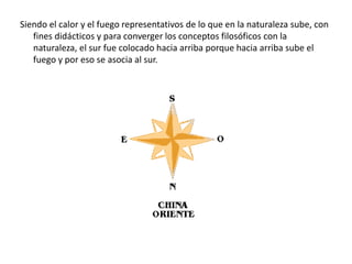 Siendo el calor y el fuego representativos de lo que en la naturaleza sube, con
fines didácticos y para converger los conceptos filosóficos con la
naturaleza, el sur fue colocado hacia arriba porque hacia arriba sube el
fuego y por eso se asocia al sur.
 