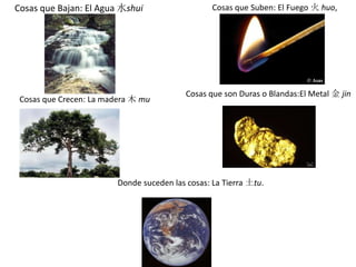 Cosas que Bajan: El Agua 水shui Cosas que Suben: El Fuego 火 huo,
Cosas que Crecen: La madera 木 mu
Cosas que son Duras o Blandas:El Metal 金 jin
Donde suceden las cosas: La Tierra 土tu.
 