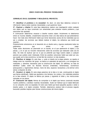 CINCO FASES DEL PROCESO TECNOLOGICO
COPIARLAS EN EL CUADERNO Y REALIZAR EL PROYECTO.
1º.- Identificar el problema o la necesidad. Es decir, en esta fase debemos conocer la
información básica sobre nuestras necesidades y qué queremos hacer.
2º.- Explorar y diseñar. En esta fase deberíamos realizar una investigación sobre cualquier
otro objeto que se haya construido con anterioridad para solventar nuestro problema y qué
soluciones han aportado.
A continuación deberíamos empezar a diseñar nuestro objeto. Inicialmente no deberíamos
entrar en muchos detalles, simplemente buscamos tener una idea básica de qué pretendemos
hacer. Con toda esta información habrá que tomar decisiones acerca de los materiales que se
van a emplear, las acciones que deberá realizar el objeto, los esfuerzos que tendrá que
soportar,..
Posteriormente entraríamos en el desarrollo de un diseño serio y riguroso analizando todos los
parámetros que entren en juego.
Todas estas decisiones se plasmarán en un boceto, en el que aparecerán el objeto y sus
piezas, y en el que se incluirán indicaciones sobre las acciones que realizarán cada una de
ellas. Se trata de explicar qué es lo que se pretende que haga nuestro objeto a cualquier
persona que pudiera estar interesada. Entre las posibles soluciones habrá que optar por una,
que puede ser la más económica, la más fácil de construir, la más duradera,…
3º.- Planificar el trabajo. En esta fase, y unido al diseño de la etapa anterior, se reparte el
trabajo entre los miembros del grupo, se realiza un calendario de ejecución y se consiguen los
materiales y utensilios necesarios para la construcción del objeto. En definitiva, se trata de
identificar cuáles serán los factores técnicos (materiales, herramientas), económicos
(presupuesto) y organizativos (tiempo, mano de obra, espacios necesarios) y de estimar cómo
vamos a disponer de ellos
4º.- Construir el objeto. En esta etapa pasamos de la idea a lo real, construyendo el objeto
que hemos planificado. Habrá que ajustarse a los tiempos, los costes y los materiales previstos
en la fase anterior. El objeto se fabrica por piezas y siguiendo el orden y las instrucciones
indicadas en los planos
5º.- Evaluación del objeto. Hemos de comprobar si el objeto que hemos construido resuelve
nuestro problema y satisface nuestras necesidades. Suele ser habitual que el objeto fabricado
no se comporte como se esperaba. En este caso habrá que hacer pequeños ajustes o volver a
diseñar partes o el objeto completo. También, deberíamos analizar todo el proceso seguido
buscando posibles mejoras para futuras construcciones del mismo objeto.
 