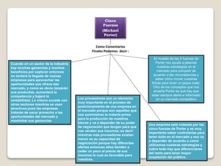 Cinco
Fuerzas
(Michael
Porter)
Los proveedores son un elemento
muy importante en el proceso de
posicionamiento de una empresa en
el mercado porque son aquellos que
nos suministran la materia prima
para la producción de nuestros
bienes y va a depender de su poder
de negociación que tengan para que
nos vendan sus insumos; es decir
mientras más proveedores existan
menor es su capacidad de
negociación porque hay diferentes
ofertas entonces ellos tienden a
ceder un poco el precio de sus
insumos lo cual es favorable para
nosotros.
Cuando en un sector de la industria
hay muchas ganancias y muchos
beneficios por explorar entonces
no tardará la llegada de nuevas
empresas para aprovechar las
oportunidades que ofrece ese
mercado, y como es obvio lanzarán
sus productos, aumentará la
competencia y bajará la
rentabilidad. Lo mismo sucede con
otros sectores mientras se vean
atractivos pues las empresas
tratarán de sacar provecho a las
oportunidades del mercado y
maximizar sus ganancias
El modelo de las 5 fuerzas de
Porter nos ayuda a plasmar
nuestras estrategias en el
mercado para competir de
acuerdo a las circunstancias y
saber cómo mover nuestras
fichas para tener un jaque mate.
Otro de los conceptos que nos
enseña Porter es que hay que
estar siempre alerta e informado
en un mercado competitivo
Como Comentarios
Finales Podemos decir :
Una empresa está rodeada por las
cinco fuerzas de Porter y es muy
importante saber controlarlas para
tener éxito en el mercado y eso va
a depender de acuerdo a como
utilicemos nuestras estrategias y
sobre todo hay que diferenciarse
del resto para tener mayor
aceptación del público.
 