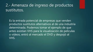 2.- Amenaza de ingreso de productos
sustitutos.
Es la entrada potencial de empresas que venden
productos sustitutos alternativos al de una industria
determinada. Podemos tomar el ejemplo de que
antes existían VHS para la visualización de películas
o videos, entró al mercado el DVD y despojó al
VHS.
 