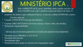 MINISTÉRIO IPCA .
Enviara cada um:
* Criando CONSCIÊNCIA de que são obreiros;
* Criando CIRCUNSTÂNCIA (levá-los conosco a fazer a obra, dar tarefas);
* Delegando responsabilidade.
NÍVEIS DE FUNCIONAMENTO E ETAPAS DE DESENVOLVIMENTO
* Discípulo novo (filhinhos) 1 Jo 2:12-14
* Discípulo fiel (jovem)
* Discipulador (pai)
* Responsável pelo grupo na estrutura da congregação segue:
* Pelo AMBIENTE de fé, gozo, santidade, amor, oração, serviço, etc.
* Pelo EXEMPLO de vida e obraPelo ensino da Palavra de Deus. O
* propósito do ensino é que conheçam Palavra, vivam-na e saibam ENSINAR a outros.
 