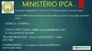 MINISTÉRIO IPCA .
FAMÍLIA e TEMPLO.
CONCLUSÃO: Tenho a visão ou um conceito da visão?
A visão produzirá em mim:
TRANSFORMAÇÃO = viver a visão PAIXÃO = arder
pela visão
COMPROMISSO = viver para a visão SACRIFÍCIO =
morrer pela visão
funcional e temporal (Ef 1:22,23; 4:12-16) Funcionamos como um corpo?
Como CORPO devemos funcionar para edificar a igreja em sua dupla dimensão
eterna
 