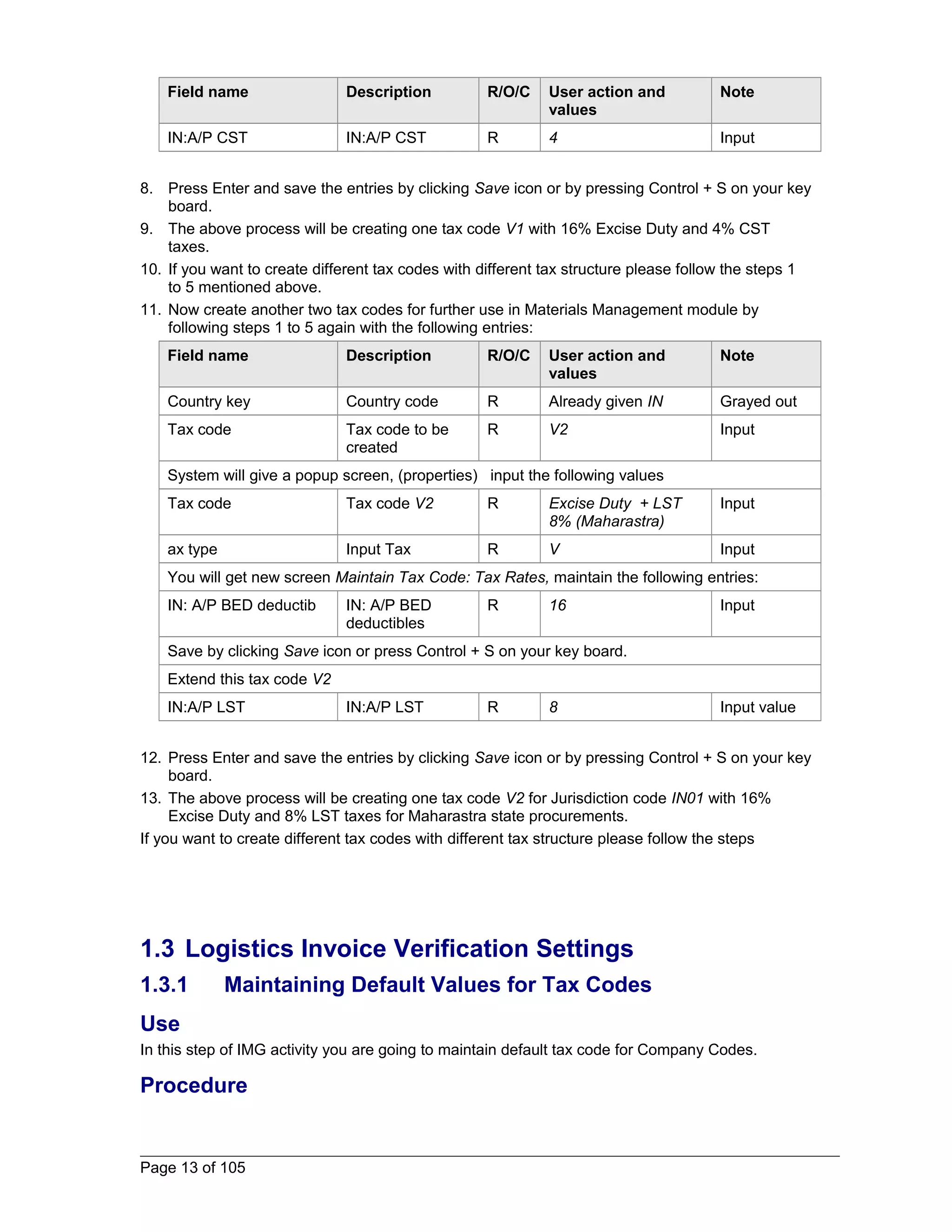 Field name Description R/O/C User action and 
values 
Note 
IN:A/P CST IN:A/P CST R 4 Input 
8. Press Enter and save the entries by clicking Save icon or by pressing Control + S on your key 
board. 
9. The above process will be creating one tax code V1 with 16% Excise Duty and 4% CST 
taxes. 
10. If you want to create different tax codes with different tax structure please follow the steps 1 
to 5 mentioned above. 
11. Now create another two tax codes for further use in Materials Management module by 
following steps 1 to 5 again with the following entries: 
Field name Description R/O/C User action and 
values 
Note 
Country key Country code R Already given IN Grayed out 
Tax code Tax code to be 
created 
R V2 Input 
System will give a popup screen, (properties) input the following values 
Tax code Tax code V2 R Excise Duty + LST 
8% (Maharastra) 
Input 
ax type Input Tax R V Input 
You will get new screen Maintain Tax Code: Tax Rates, maintain the following entries: 
IN: A/P BED deductib IN: A/P BED 
deductibles 
R 16 Input 
Save by clicking Save icon or press Control + S on your key board. 
Extend this tax code V2 
IN:A/P LST IN:A/P LST R 8 Input value 
12. Press Enter and save the entries by clicking Save icon or by pressing Control + S on your key 
board. 
13. The above process will be creating one tax code V2 for Jurisdiction code IN01 with 16% 
Excise Duty and 8% LST taxes for Maharastra state procurements. 
If you want to create different tax codes with different tax structure please follow the steps 
1.3 Logistics Invoice Verification Settings 
1.3.1 Maintaining Default Values for Tax Codes 
Use 
In this step of IMG activity you are going to maintain default tax code for Company Codes. 
Procedure 
Page 13 of 105 
 