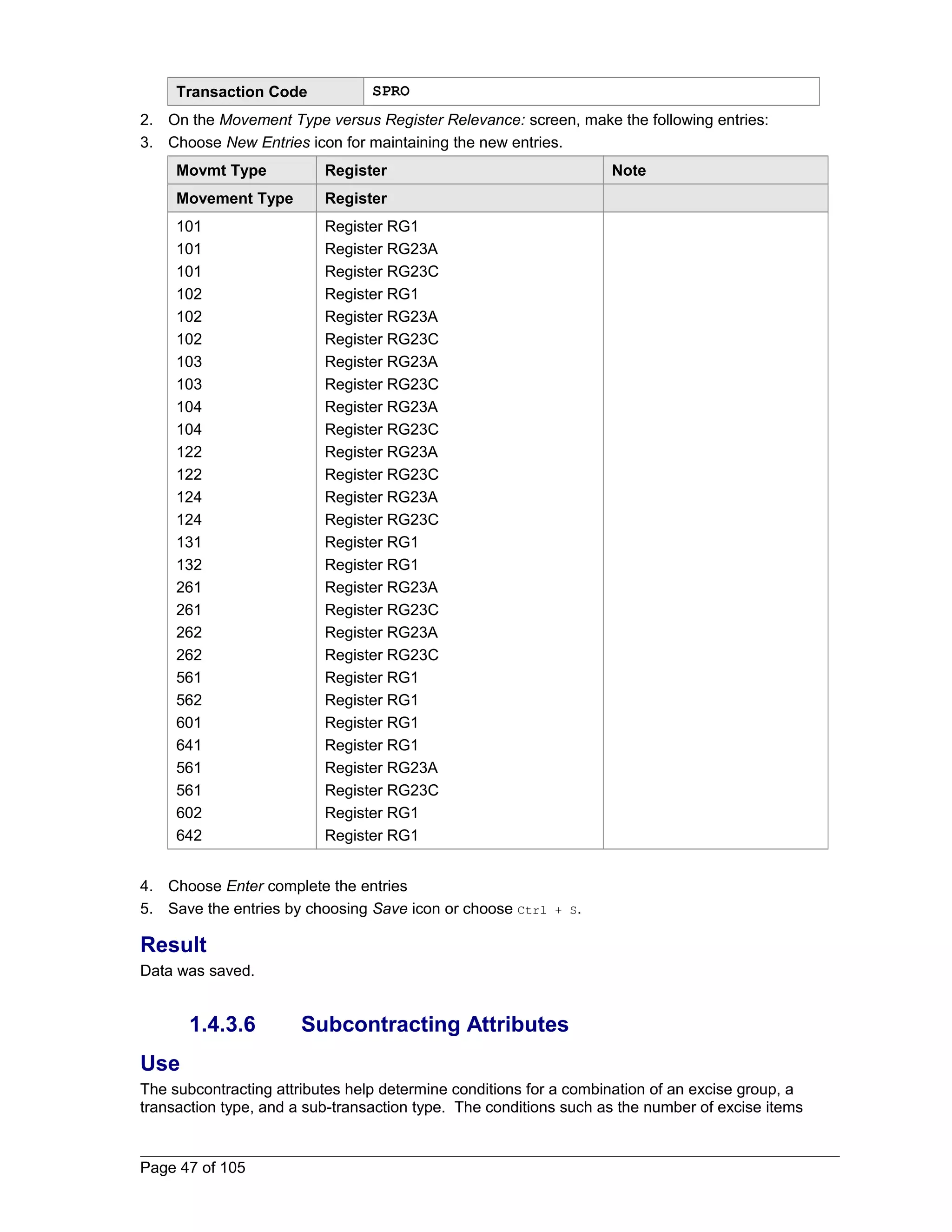 Transaction Code SPRO 
2. On the Movement Type versus Register Relevance: screen, make the following entries: 
3. Choose New Entries icon for maintaining the new entries. 
Movmt Type Register Note 
Movement Type Register 
101 
Register RG1 
101 
Register RG23A 
101 
Register RG23C 
102 
Register RG1 
102 
Register RG23A 
102 
Register RG23C 
103 
Register RG23A 
103 
Register RG23C 
104 
Register RG23A 
104 
Register RG23C 
122 
Register RG23A 
122 
Register RG23C 
124 
Register RG23A 
124 
Register RG23C 
131 
Register RG1 
132 
Register RG1 
261 
Register RG23A 
261 
Register RG23C 
262 
Register RG23A 
262 
Register RG23C 
561 
Register RG1 
562 
Register RG1 
601 
Register RG1 
641 
Register RG1 
561 
Register RG23A 
561 
Register RG23C 
602 
Register RG1 
642 
Register RG1 
4. Choose Enter complete the entries 
5. Save the entries by choosing Save icon or choose Ctrl + S. 
Result 
Data was saved. 
1.4.3.6 Subcontracting Attributes 
Use 
The subcontracting attributes help determine conditions for a combination of an excise group, a 
transaction type, and a sub-transaction type. The conditions such as the number of excise items 
Page 47 of 105 
 