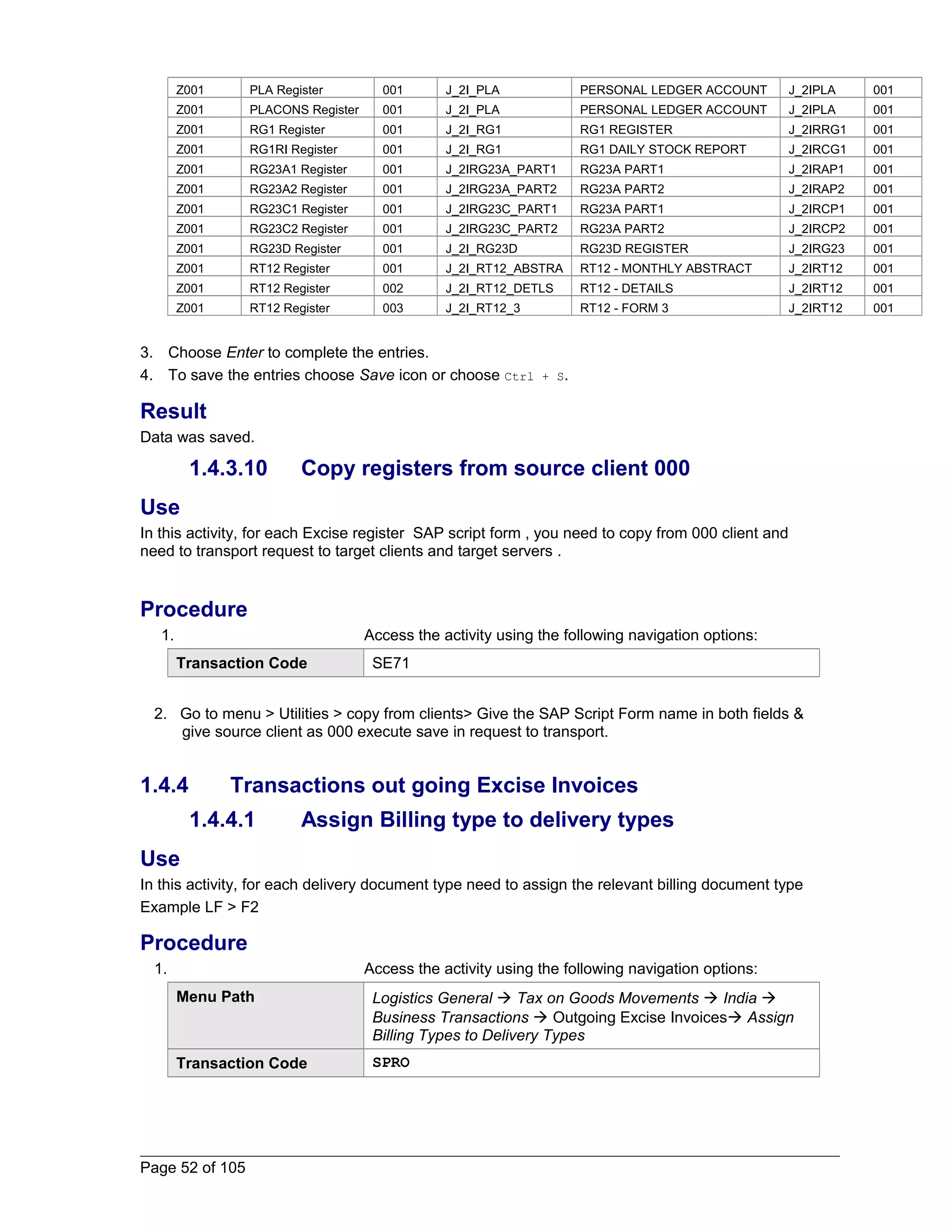 Z001 PLA Register 001 J_2I_PLA PERSONAL LEDGER ACCOUNT J_2IPLA 001 
Z001 PLACONS Register 001 J_2I_PLA PERSONAL LEDGER ACCOUNT J_2IPLA 001 
Z001 RG1 Register 001 J_2I_RG1 RG1 REGISTER J_2IRRG1 001 
Z001 RG1RI Register 001 J_2I_RG1 RG1 DAILY STOCK REPORT J_2IRCG1 001 
Z001 RG23A1 Register 001 J_2IRG23A_PART1 RG23A PART1 J_2IRAP1 001 
Z001 RG23A2 Register 001 J_2IRG23A_PART2 RG23A PART2 J_2IRAP2 001 
Z001 RG23C1 Register 001 J_2IRG23C_PART1 RG23A PART1 J_2IRCP1 001 
Z001 RG23C2 Register 001 J_2IRG23C_PART2 RG23A PART2 J_2IRCP2 001 
Z001 RG23D Register 001 J_2I_RG23D RG23D REGISTER J_2IRG23 001 
Z001 RT12 Register 001 J_2I_RT12_ABSTRA RT12 - MONTHLY ABSTRACT J_2IRT12 001 
Z001 RT12 Register 002 J_2I_RT12_DETLS RT12 - DETAILS J_2IRT12 001 
Z001 RT12 Register 003 J_2I_RT12_3 RT12 - FORM 3 J_2IRT12 001 
3. Choose Enter to complete the entries. 
4. To save the entries choose Save icon or choose Ctrl + S. 
Result 
Data was saved. 
1.4.3.10 Copy registers from source client 000 
Use 
In this activity, for each Excise register SAP script form , you need to copy from 000 client and 
need to transport request to target clients and target servers . 
Procedure 
1. Access the activity using the following navigation options: 
Transaction Code SE71 
2. Go to menu > Utilities > copy from clients> Give the SAP Script Form name in both fields & 
give source client as 000 execute save in request to transport. 
1.4.4 Transactions out going Excise Invoices 
1.4.4.1 Assign Billing type to delivery types 
Use 
In this activity, for each delivery document type need to assign the relevant billing document type 
Example LF > F2 
Procedure 
1. Access the activity using the following navigation options: 
Menu Path Logistics General  Tax on Goods Movements  India  
Business Transactions  Outgoing Excise Invoices Assign 
Billing Types to Delivery Types 
Transaction Code SPRO 
Page 52 of 105 
 