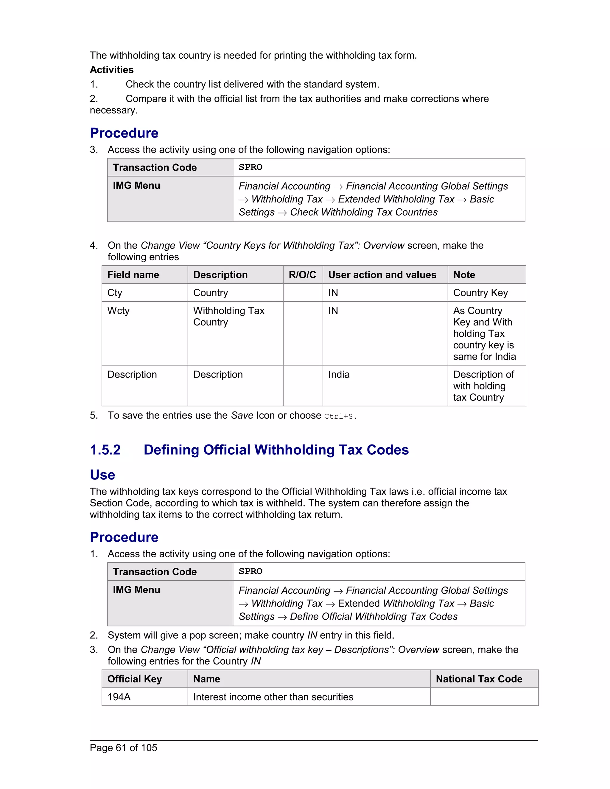 The withholding tax country is needed for printing the withholding tax form. 
Activities 
1. Check the country list delivered with the standard system. 
2. Compare it with the official list from the tax authorities and make corrections where 
necessary. 
Procedure 
3. Access the activity using one of the following navigation options: 
Transaction Code SPRO 
IMG Menu Financial Accounting ® Financial Accounting Global Settings 
® Withholding Tax ® Extended Withholding Tax ® Basic 
Settings ® Check Withholding Tax Countries 
4. On the Change View “Country Keys for Withholding Tax”: Overview screen, make the 
following entries 
Field name Description R/O/C User action and values Note 
Cty Country IN Country Key 
Wcty Withholding Tax 
Country 
IN As Country 
Key and With 
holding Tax 
country key is 
same for India 
Description Description India Description of 
with holding 
tax Country 
5. To save the entries use the Save Icon or choose Ctrl+S. 
1.5.2 Defining Official Withholding Tax Codes 
Use 
The withholding tax keys correspond to the Official Withholding Tax laws i.e. official income tax 
Section Code, according to which tax is withheld. The system can therefore assign the 
withholding tax items to the correct withholding tax return. 
Procedure 
1. Access the activity using one of the following navigation options: 
Transaction Code SPRO 
IMG Menu Financial Accounting ® Financial Accounting Global Settings 
® Withholding Tax ® Extended Withholding Tax ® Basic 
Settings ® Define Official Withholding Tax Codes 
2. System will give a pop screen; make country IN entry in this field. 
3. On the Change View “Official withholding tax key – Descriptions”: Overview screen, make the 
following entries for the Country IN 
Official Key Name National Tax Code 
194A Interest income other than securities 
Page 61 of 105 
 