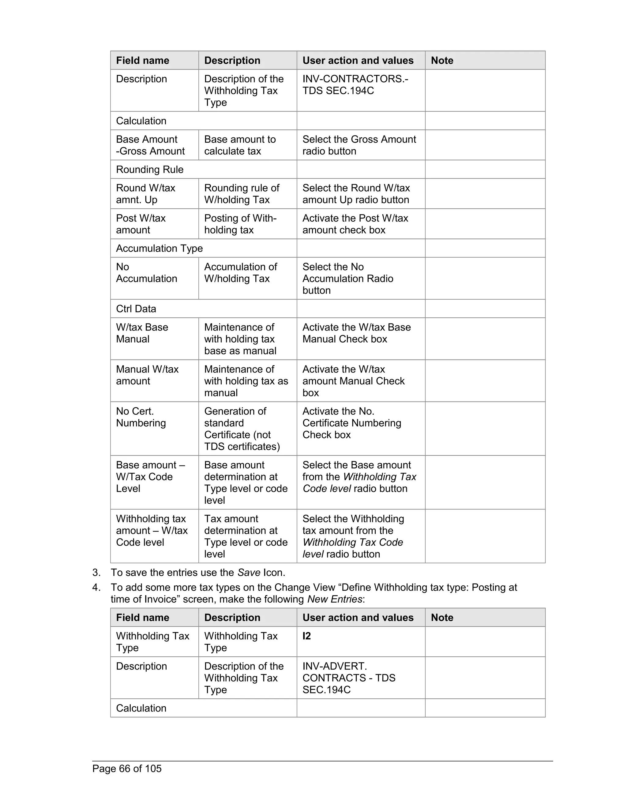 Field name Description User action and values Note 
Description Description of the 
Withholding Tax 
Type 
INV-CONTRACTORS.- 
TDS SEC.194C 
Calculation 
Base Amount 
-Gross Amount 
Base amount to 
calculate tax 
Select the Gross Amount 
radio button 
Rounding Rule 
Round W/tax 
amnt. Up 
Rounding rule of 
W/holding Tax 
Select the Round W/tax 
amount Up radio button 
Post W/tax 
amount 
Posting of With-holding 
tax 
Activate the Post W/tax 
amount check box 
Accumulation Type 
No 
Accumulation 
Accumulation of 
W/holding Tax 
Select the No 
Accumulation Radio 
button 
Ctrl Data 
W/tax Base 
Manual 
Maintenance of 
with holding tax 
base as manual 
Activate the W/tax Base 
Manual Check box 
Manual W/tax 
amount 
Maintenance of 
with holding tax as 
manual 
Activate the W/tax 
amount Manual Check 
box 
No Cert. 
Numbering 
Generation of 
standard 
Certificate (not 
TDS certificates) 
Activate the No. 
Certificate Numbering 
Check box 
Base amount – 
W/Tax Code 
Level 
Base amount 
determination at 
Type level or code 
level 
Select the Base amount 
from the Withholding Tax 
Code level radio button 
Withholding tax 
amount – W/tax 
Code level 
Tax amount 
determination at 
Type level or code 
level 
Select the Withholding 
tax amount from the 
Withholding Tax Code 
level radio button 
3. To save the entries use the Save Icon. 
4. To add some more tax types on the Change View “Define Withholding tax type: Posting at 
time of Invoice” screen, make the following New Entries: 
Field name Description User action and values Note 
Withholding Tax 
Withholding Tax 
I2 
Type 
Type 
Description Description of the 
Withholding Tax 
Type 
INV-ADVERT. 
CONTRACTS - TDS 
SEC.194C 
Calculation 
Page 66 of 105 
 