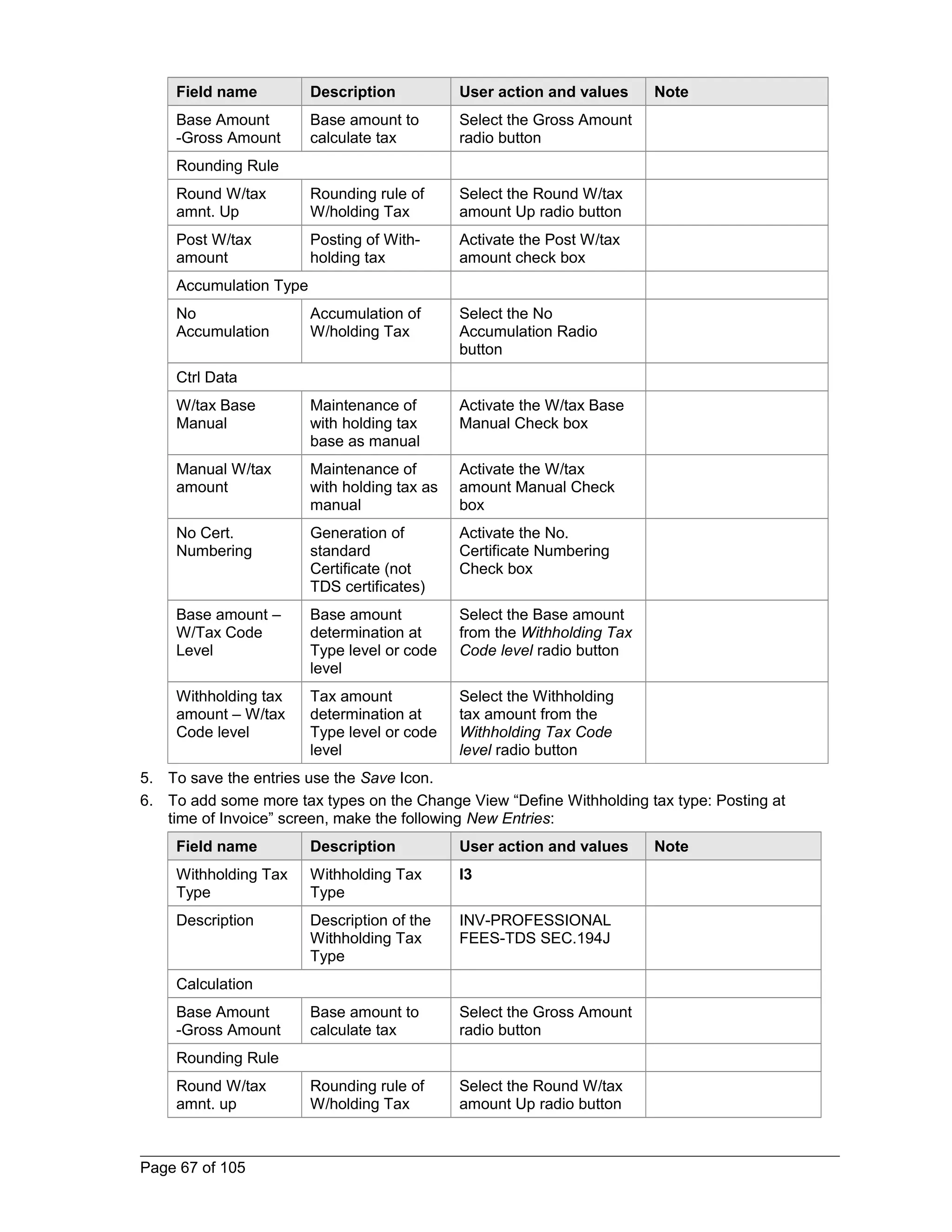 Field name Description User action and values Note 
Base Amount 
Base amount to 
Select the Gross Amount 
-Gross Amount 
calculate tax 
radio button 
Rounding Rule 
Round W/tax 
amnt. Up 
Rounding rule of 
W/holding Tax 
Select the Round W/tax 
amount Up radio button 
Post W/tax 
amount 
Posting of With-holding 
tax 
Activate the Post W/tax 
amount check box 
Accumulation Type 
No 
Accumulation 
Accumulation of 
W/holding Tax 
Select the No 
Accumulation Radio 
button 
Ctrl Data 
W/tax Base 
Manual 
Maintenance of 
with holding tax 
base as manual 
Activate the W/tax Base 
Manual Check box 
Manual W/tax 
amount 
Maintenance of 
with holding tax as 
manual 
Activate the W/tax 
amount Manual Check 
box 
No Cert. 
Numbering 
Generation of 
standard 
Certificate (not 
TDS certificates) 
Activate the No. 
Certificate Numbering 
Check box 
Base amount – 
W/Tax Code 
Level 
Base amount 
determination at 
Type level or code 
level 
Select the Base amount 
from the Withholding Tax 
Code level radio button 
Withholding tax 
amount – W/tax 
Code level 
Tax amount 
determination at 
Type level or code 
level 
Select the Withholding 
tax amount from the 
Withholding Tax Code 
level radio button 
5. To save the entries use the Save Icon. 
6. To add some more tax types on the Change View “Define Withholding tax type: Posting at 
time of Invoice” screen, make the following New Entries: 
Field name Description User action and values Note 
Withholding Tax 
Withholding Tax 
I3 
Type 
Type 
Description Description of the 
Withholding Tax 
Type 
INV-PROFESSIONAL 
FEES-TDS SEC.194J 
Calculation 
Base Amount 
-Gross Amount 
Base amount to 
calculate tax 
Select the Gross Amount 
radio button 
Rounding Rule 
Round W/tax 
amnt. up 
Rounding rule of 
W/holding Tax 
Select the Round W/tax 
amount Up radio button 
Page 67 of 105 
 