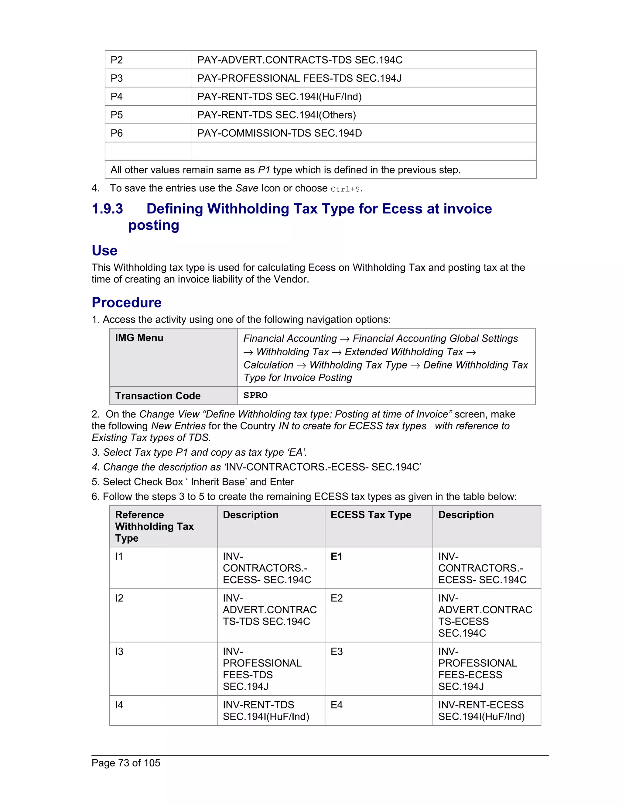 P2 PAY-ADVERT.CONTRACTS-TDS SEC.194C 
P3 PAY-PROFESSIONAL FEES-TDS SEC.194J 
P4 PAY-RENT-TDS SEC.194I(HuF/Ind) 
P5 PAY-RENT-TDS SEC.194I(Others) 
P6 PAY-COMMISSION-TDS SEC.194D 
All other values remain same as P1 type which is defined in the previous step. 
4. To save the entries use the Save Icon or choose Ctrl+S. 
1.9.3 Defining Withholding Tax Type for Ecess at invoice 
posting 
Use 
This Withholding tax type is used for calculating Ecess on Withholding Tax and posting tax at the 
time of creating an invoice liability of the Vendor. 
Procedure 
1. Access the activity using one of the following navigation options: 
IMG Menu Financial Accounting ® Financial Accounting Global Settings 
® Withholding Tax ® Extended Withholding Tax ® 
Calculation ® Withholding Tax Type ® Define Withholding Tax 
Type for Invoice Posting 
Transaction Code SPRO 
2. On the Change View “Define Withholding tax type: Posting at time of Invoice” screen, make 
the following New Entries for the Country IN to create for ECESS tax types with reference to 
Existing Tax types of TDS. 
3. Select Tax type P1 and copy as tax type ‘EA’. 
4. Change the description as ‘INV-CONTRACTORS.-ECESS- SEC.194C’ 
5. Select Check Box ‘ Inherit Base’ and Enter 
6. Follow the steps 3 to 5 to create the remaining ECESS tax types as given in the table below: 
Reference 
Withholding Tax 
Type 
Description ECESS Tax Type Description 
I1 INV-CONTRACTORS.- 
ECESS- SEC.194C 
E1 INV-CONTRACTORS.- 
ECESS- SEC.194C 
I2 INV-ADVERT. 
CONTRAC 
TS-TDS SEC.194C 
E2 INV-ADVERT. 
CONTRAC 
TS-ECESS 
SEC.194C 
I3 INV-PROFESSIONAL 
FEES-TDS 
SEC.194J 
E3 INV-PROFESSIONAL 
FEES-ECESS 
SEC.194J 
I4 INV-RENT-TDS 
SEC.194I(HuF/Ind) 
E4 INV-RENT-ECESS 
SEC.194I(HuF/Ind) 
Page 73 of 105 
 