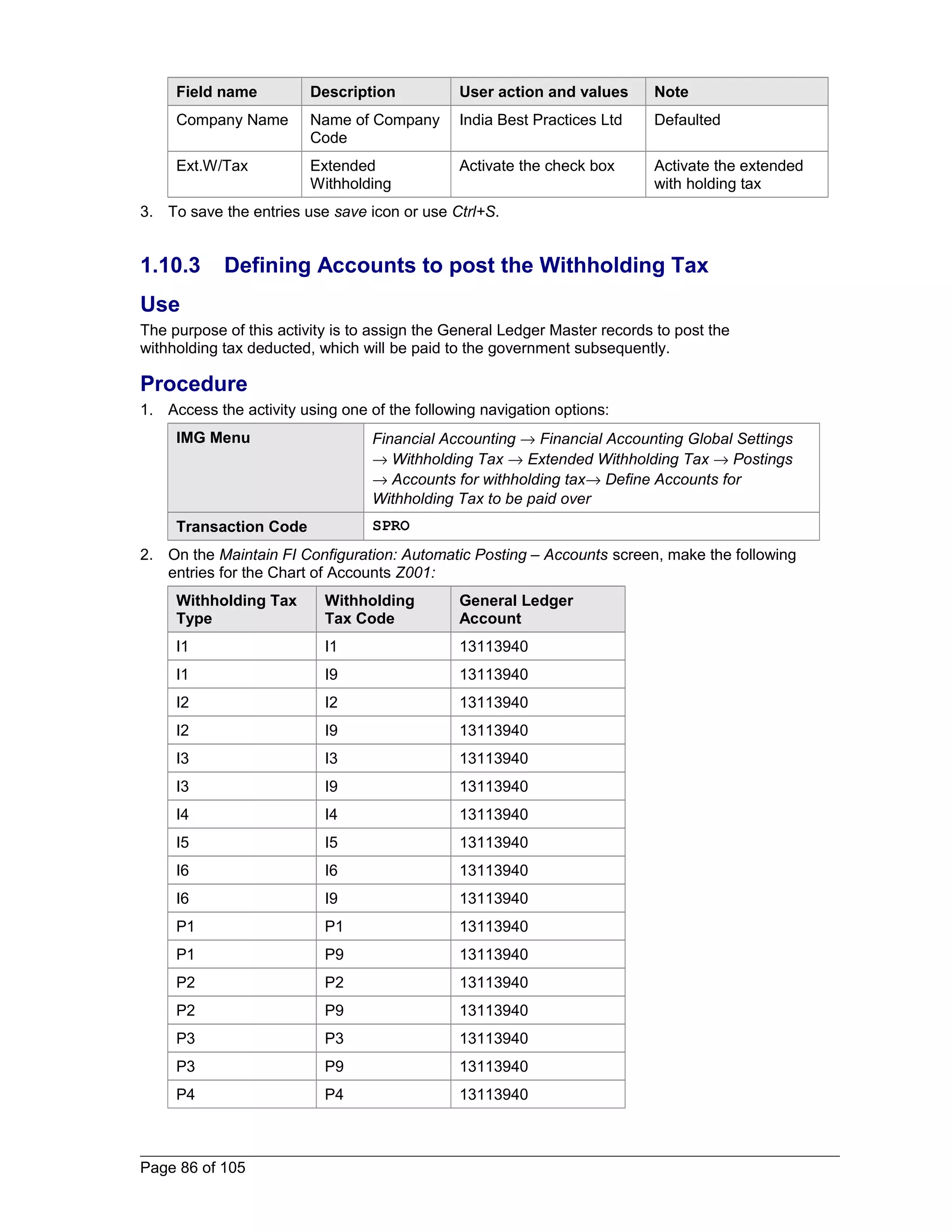 Field name Description User action and values Note 
Company Name Name of Company 
Code 
India Best Practices Ltd Defaulted 
Ext.W/Tax Extended 
Withholding 
Activate the check box Activate the extended 
with holding tax 
3. To save the entries use save icon or use Ctrl+S. 
1.10.3 Defining Accounts to post the Withholding Tax 
Use 
The purpose of this activity is to assign the General Ledger Master records to post the 
withholding tax deducted, which will be paid to the government subsequently. 
Procedure 
1. Access the activity using one of the following navigation options: 
IMG Menu Financial Accounting ® Financial Accounting Global Settings 
® Withholding Tax ® Extended Withholding Tax ® Postings 
® Accounts for withholding tax® Define Accounts for 
Withholding Tax to be paid over 
Transaction Code SPRO 
2. On the Maintain FI Configuration: Automatic Posting – Accounts screen, make the following 
entries for the Chart of Accounts Z001: 
Withholding Tax 
Withholding 
Type 
Tax Code 
General Ledger 
Account 
I1 I1 13113940 
I1 I9 13113940 
I2 I2 13113940 
I2 I9 13113940 
I3 I3 13113940 
I3 I9 13113940 
I4 I4 13113940 
I5 I5 13113940 
I6 I6 13113940 
I6 I9 13113940 
P1 P1 13113940 
P1 P9 13113940 
P2 P2 13113940 
P2 P9 13113940 
P3 P3 13113940 
P3 P9 13113940 
P4 P4 13113940 
Page 86 of 105 
 