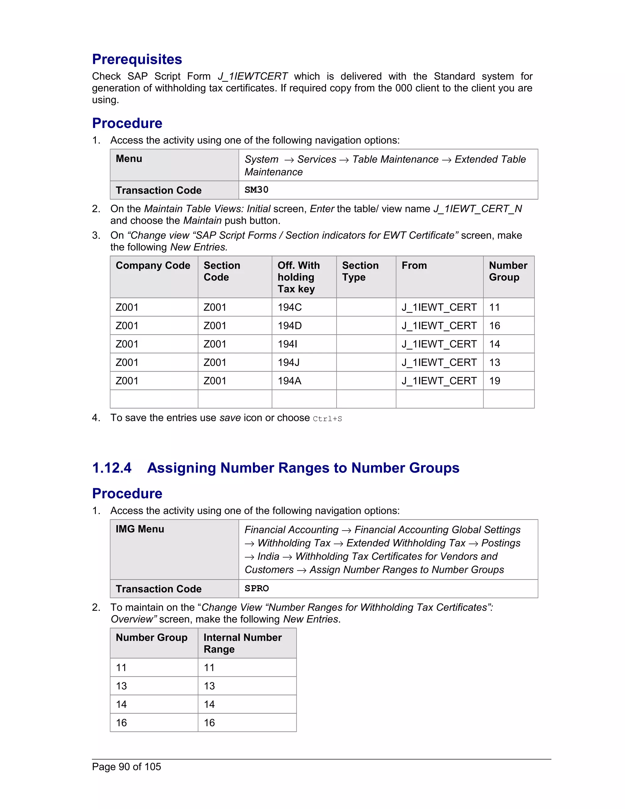 Prerequisites 
Check SAP Script Form J_1IEWTCERT which is delivered with the Standard system for 
generation of withholding tax certificates. If required copy from the 000 client to the client you are 
using. 
Procedure 
1. Access the activity using one of the following navigation options: 
Menu System ® Services ® Table Maintenance ® Extended Table 
Maintenance 
Transaction Code SM30 
2. On the Maintain Table Views: Initial screen, Enter the table/ view name J_1IEWT_CERT_N 
and choose the Maintain push button. 
3. On “Change view “SAP Script Forms / Section indicators for EWT Certificate” screen, make 
the following New Entries. 
Company Code Section 
Code 
Off. With 
holding 
Tax key 
Section 
Type 
From Number 
Group 
Z001 Z001 194C J_1IEWT_CERT 11 
Z001 Z001 194D J_1IEWT_CERT 16 
Z001 Z001 194I J_1IEWT_CERT 14 
Z001 Z001 194J J_1IEWT_CERT 13 
Z001 Z001 194A J_1IEWT_CERT 19 
4. To save the entries use save icon or choose Ctrl+S 
1.12.4 Assigning Number Ranges to Number Groups 
Procedure 
1. Access the activity using one of the following navigation options: 
IMG Menu Financial Accounting ® Financial Accounting Global Settings 
® Withholding Tax ® Extended Withholding Tax ® Postings 
® India ® Withholding Tax Certificates for Vendors and 
Customers ® Assign Number Ranges to Number Groups 
Transaction Code SPRO 
2. To maintain on the “Change View “Number Ranges for Withholding Tax Certificates”: 
Overview” screen, make the following New Entries. 
Number Group Internal Number 
Range 
11 11 
13 13 
14 14 
16 16 
Page 90 of 105 
 