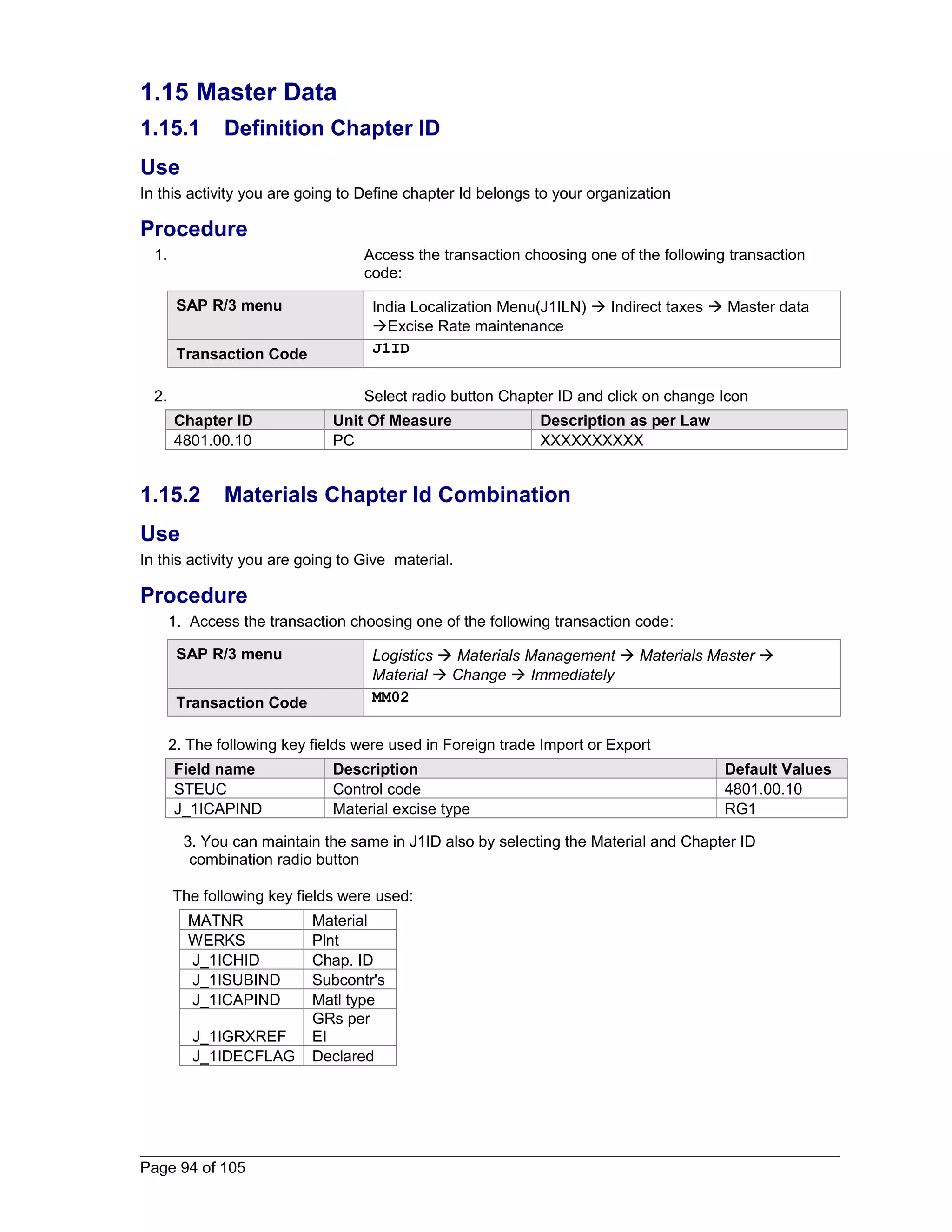1.15 Master Data 
1.15.1 Definition Chapter ID 
Use 
In this activity you are going to Define chapter Id belongs to your organization 
Procedure 
1. Access the transaction choosing one of the following transaction 
code: 
SAP R/3 menu India Localization Menu(J1ILN)  Indirect taxes  Master data 
Excise Rate maintenance 
Transaction Code J1ID 
2. Select radio button Chapter ID and click on change Icon 
Chapter ID Unit Of Measure Description as per Law 
4801.00.10 PC XXXXXXXXXX 
1.15.2 Materials Chapter Id Combination 
Use 
In this activity you are going to Give material. 
Procedure 
1. Access the transaction choosing one of the following transaction code: 
SAP R/3 menu Logistics  Materials Management  Materials Master  
Material  Change  Immediately 
Transaction Code MM02 
2. The following key fields were used in Foreign trade Import or Export 
Field name Description Default Values 
STEUC Control code 4801.00.10 
J_1ICAPIND Material excise type RG1 
3. You can maintain the same in J1ID also by selecting the Material and Chapter ID 
combination radio button 
The following key fields were used: 
MATNR Material 
WERKS Plnt 
J_1ICHID Chap. ID 
J_1ISUBIND Subcontr's 
J_1ICAPIND Matl type 
GRs per 
J_1IGRXREF 
EI 
J_1IDECFLAG Declared 
Page 94 of 105 
 