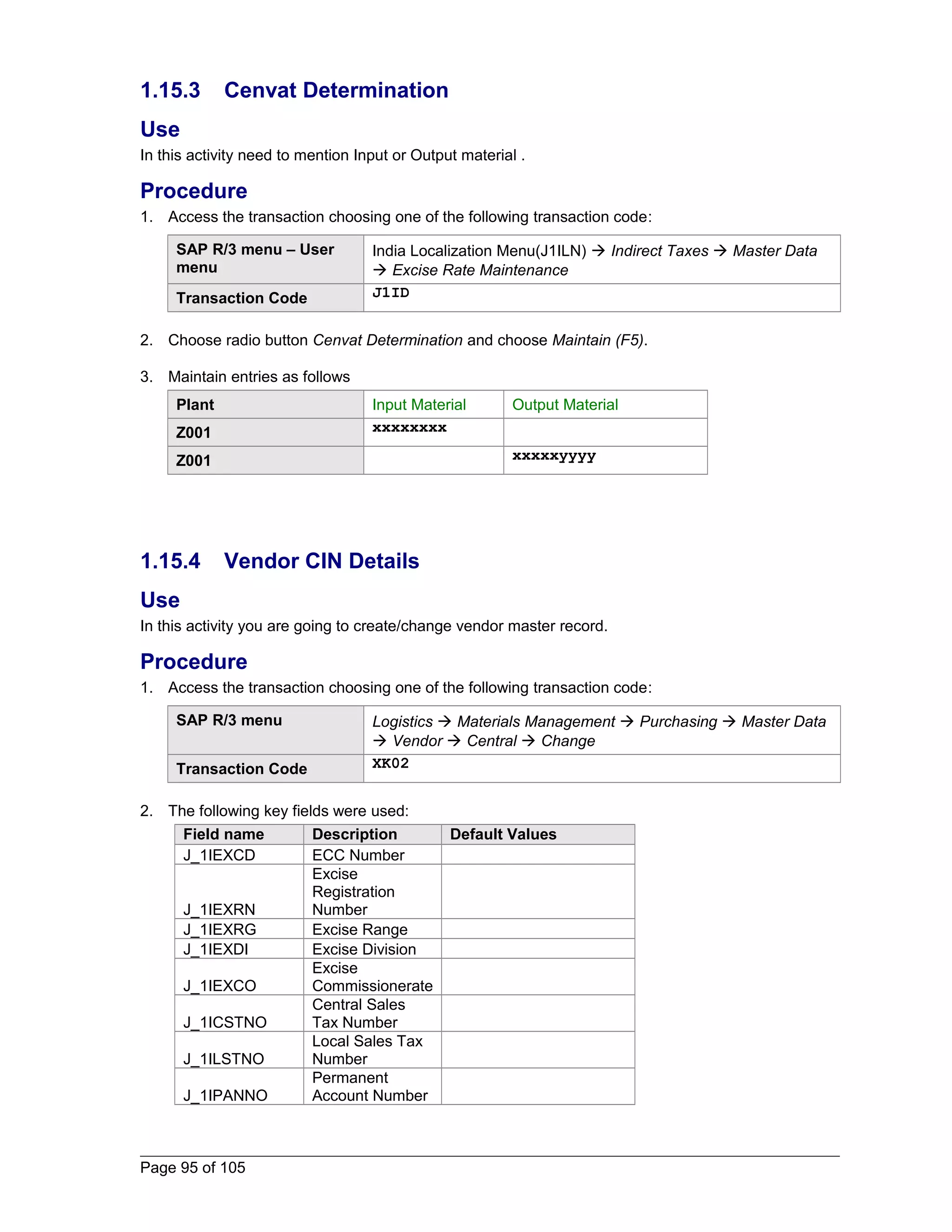 1.15.3 Cenvat Determination 
Use 
In this activity need to mention Input or Output material . 
Procedure 
1. Access the transaction choosing one of the following transaction code: 
SAP R/3 menu – User 
menu 
India Localization Menu(J1ILN)  Indirect Taxes  Master Data 
 Excise Rate Maintenance 
Transaction Code J1ID 
2. Choose radio button Cenvat Determination and choose Maintain (F5). 
3. Maintain entries as follows 
Plant Input Material Output Material 
Z001 xxxxxxxx 
Z001 xxxxxyyyy 
1.15.4 Vendor CIN Details 
Use 
In this activity you are going to create/change vendor master record. 
Procedure 
1. Access the transaction choosing one of the following transaction code: 
SAP R/3 menu Logistics  Materials Management  Purchasing  Master Data 
 Vendor  Central  Change 
Transaction Code XK02 
2. The following key fields were used: 
Field name Description Default Values 
J_1IEXCD ECC Number 
J_1IEXRN 
Excise 
Registration 
Number 
J_1IEXRG Excise Range 
J_1IEXDI Excise Division 
J_1IEXCO 
Excise 
Commissionerate 
J_1ICSTNO 
Central Sales 
Tax Number 
J_1ILSTNO 
Local Sales Tax 
Number 
J_1IPANNO 
Permanent 
Account Number 
Page 95 of 105 
 