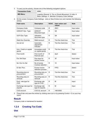 3. To carry out the activity, choose one of the following navigation options: 
Transaction Code SPRO 
IMG Menu Logistics General  Tax on Goods Movement  India  
Basic Settings  Maintain Company Code Settings 
4. On the screen Company Code Settings: click on New Entries icon and maintain the following 
entries: 
Field name Description R/O/C User action and 
values 
Note 
Company Code Company code R Z001 Input value 
CENVAT Doc. Type CENVAT 
Document type 
R SA Input value 
Utl FI Doc Type Utilization 
document type 
R SA Input value 
Debit Acc Override Debit account R Tick the check box Tick 
Aut ad ind Automatic 
adjustment 
indicator 
R Tick the check box Tick 
Imm. Credit on capital 
goods 
Immediate credit 
on capital goods 
R Tick the check box Tick 
First month First month of 
financial year 
R April Select 
Exc Sel Days Due days for 
excise invoice 
R 30 Input value 
No. Exc Inv Sel No of excise 
invoices selection 
R 10 Input value 
EI Sel. Proc. Excise invoice 
selection process 
R FIFO Select 
Rounding duty on 
procurement 
Rounding duty on 
procurement 
R Tick the check box Tick 
Rounding duty on 
removal 
Rounding duty on 
removal 
R Tick the check box Tick 
Exch. rate type for 
CVD 
Exchange rate 
type for CVD 
R M Input 
Exchange rate type for 
exports 
Exchange rate 
type for exports 
R M Input 
CVD account CVD GL account R 14810000 
5. Press Enter and save the entries by clicking save icon or by pressing Control + S on your key 
board. 
Result 
Company code is maintained for taxation. 
1.2.4 Creating Tax Code 
Use 
Page 11 of 105 
 