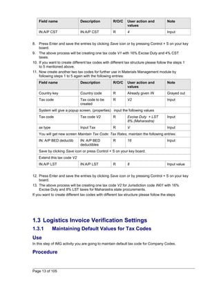Field name Description R/O/C User action and 
values 
Note 
IN:A/P CST IN:A/P CST R 4 Input 
8. Press Enter and save the entries by clicking Save icon or by pressing Control + S on your key 
board. 
9. The above process will be creating one tax code V1 with 16% Excise Duty and 4% CST 
taxes. 
10. If you want to create different tax codes with different tax structure please follow the steps 1 
to 5 mentioned above. 
11. Now create another two tax codes for further use in Materials Management module by 
following steps 1 to 5 again with the following entries: 
Field name Description R/O/C User action and 
values 
Note 
Country key Country code R Already given IN Grayed out 
Tax code Tax code to be 
created 
R V2 Input 
System will give a popup screen, (properties) input the following values 
Tax code Tax code V2 R Excise Duty + LST 
8% (Maharastra) 
Input 
ax type Input Tax R V Input 
You will get new screen Maintain Tax Code: Tax Rates, maintain the following entries: 
IN: A/P BED deductib IN: A/P BED 
deductibles 
R 16 Input 
Save by clicking Save icon or press Control + S on your key board. 
Extend this tax code V2 
IN:A/P LST IN:A/P LST R 8 Input value 
12. Press Enter and save the entries by clicking Save icon or by pressing Control + S on your key 
board. 
13. The above process will be creating one tax code V2 for Jurisdiction code IN01 with 16% 
Excise Duty and 8% LST taxes for Maharastra state procurements. 
If you want to create different tax codes with different tax structure please follow the steps 
1.3 Logistics Invoice Verification Settings 
1.3.1 Maintaining Default Values for Tax Codes 
Use 
In this step of IMG activity you are going to maintain default tax code for Company Codes. 
Procedure 
Page 13 of 105 
 