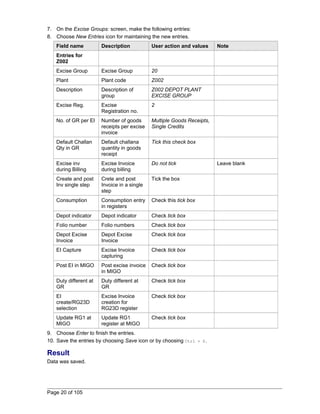 7. On the Excise Groups: screen, make the following entries: 
8. Choose New Entries icon for maintaining the new entries. 
Field name Description User action and values Note 
Entries for 
Z002 
Excise Group Excise Group 20 
Plant Plant code Z002 
Description Description of 
group 
Z002 DEPOT PLANT 
EXCISE GROUP 
Excise Reg. Excise 
Registration no. 
2 
No. of GR per EI Number of goods 
receipts per excise 
invoice 
Multiple Goods Receipts, 
Single Credits 
Default Challan 
Qty in GR 
Default challana 
quantity in goods 
receipt 
Tick this check box 
Excise inv 
during Billing 
Excise Invoice 
during billing 
Do not tick Leave blank 
Create and post 
Inv single step 
Crete and post 
Invoice in a single 
step 
Tick the box 
Consumption Consumption entry 
in registers 
Check this tick box 
Depot indicator Depot indicator Check tick box 
Folio number Folio numbers Check tick box 
Depot Excise 
Depot Excise 
Check tick box 
Invoice 
Invoice 
EI Capture Excise Invoice 
capturing 
Check tick box 
Post EI in MIGO Post excise invoice 
in MIGO 
Check tick box 
Duty different at 
GR 
Duty different at 
GR 
Check tick box 
EI 
create/RG23D 
selection 
Excise Invoice 
creation for 
RG23D register 
Check tick box 
Update RG1 at 
MIGO 
Update RG1 
register at MIGO 
Check tick box 
9. Choose Enter to finish the entries. 
10. Save the entries by choosing Save icon or by choosing Ctrl + S. 
Result 
Data was saved. 
Page 20 of 105 
 