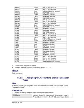 MRRD Credit RG 23 BED Account 
MRRD Credit RG 23 SED Account 
MRRD Debit CENVAT Clearing account 
MRWO Credit PLA AED Account 
MRWO Credit PLA BED Account 
MRWO Credit PLA Cess Account 
MRWO Credit PLA SED Account 
MRWO Credit RG 23 AED Account 
MRWO Credit RG 23 BED Account 
MRWO Credit RG 23 SED Account 
MRWO Debit CENVAT Clearing account 
OTHR Credit PLA AED Account 
OTHR Credit PLA BED Account 
OTHR Credit PLA Cess Account 
OTHR Credit PLA SED Account 
OTHR Credit RG 23 AED Account 
OTHR Credit RG 23 BED Account 
OTHR Credit RG 23 SED Account 
OTHR Debit CENVAT Suspense Account 
TR6C Credit PLA on hold Account 
TR6C Debit PLA AED Account 
TR6C Debit PLA BED Account 
TR6C Debit PLA Cess Account 
TR6C Debit PLA SED Account 
UTLZ Credit PLA AED Account 
UTLZ Credit PLA BED Account 
UTLZ Credit PLA Cess Account 
UTLZ Credit PLA SED Account 
UTLZ Credit RG 23 AED Account 
UTLZ Credit RG 23 BED Account 
UTLZ Credit RG 23 SED Account 
UTLZ Debit CENVAT Clearing account 
5. Choose Enter complete the entries 
6. Save the entries by choosing Save icon or choose Ctrl + S. 
Result 
Data was saved. 
1.4.2.5 Assigning G/L Accounts to Excise Transaction 
Types 
Use 
In this IMG activity, you assign the excise and CENVAT accounts to G/L accounts to Excise 
Transaction Types. 
Procedure 
1. Access the activity using one of the following navigation options: 
IMG Menu Logistics General  Tax on Goods Movements  India  
Account Determination  Specify G/L Accounts per Excise 
Page 32 of 105 
 