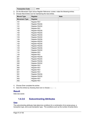 Transaction Code SPRO 
2. On the Movement Type versus Register Relevance: screen, make the following entries: 
3. Choose New Entries icon for maintaining the new entries. 
Movmt Type Register Note 
Movement Type Register 
101 
Register RG1 
101 
Register RG23A 
101 
Register RG23C 
102 
Register RG1 
102 
Register RG23A 
102 
Register RG23C 
103 
Register RG23A 
103 
Register RG23C 
104 
Register RG23A 
104 
Register RG23C 
122 
Register RG23A 
122 
Register RG23C 
124 
Register RG23A 
124 
Register RG23C 
131 
Register RG1 
132 
Register RG1 
261 
Register RG23A 
261 
Register RG23C 
262 
Register RG23A 
262 
Register RG23C 
561 
Register RG1 
562 
Register RG1 
601 
Register RG1 
641 
Register RG1 
561 
Register RG23A 
561 
Register RG23C 
602 
Register RG1 
642 
Register RG1 
4. Choose Enter complete the entries 
5. Save the entries by choosing Save icon or choose Ctrl + S. 
Result 
Data was saved. 
1.4.3.6 Subcontracting Attributes 
Use 
The subcontracting attributes help determine conditions for a combination of an excise group, a 
transaction type, and a sub-transaction type. The conditions such as the number of excise items 
Page 47 of 105 
 