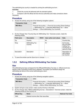 The withholding tax country is needed for printing the withholding tax form. 
Activities 
1. Check the country list delivered with the standard system. 
2. Compare it with the official list from the tax authorities and make corrections where 
necessary. 
Procedure 
3. Access the activity using one of the following navigation options: 
Transaction Code SPRO 
IMG Menu Financial Accounting ® Financial Accounting Global Settings 
® Withholding Tax ® Extended Withholding Tax ® Basic 
Settings ® Check Withholding Tax Countries 
4. On the Change View “Country Keys for Withholding Tax”: Overview screen, make the 
following entries 
Field name Description R/O/C User action and values Note 
Cty Country IN Country Key 
Wcty Withholding Tax 
Country 
IN As Country 
Key and With 
holding Tax 
country key is 
same for India 
Description Description India Description of 
with holding 
tax Country 
5. To save the entries use the Save Icon or choose Ctrl+S. 
1.5.2 Defining Official Withholding Tax Codes 
Use 
The withholding tax keys correspond to the Official Withholding Tax laws i.e. official income tax 
Section Code, according to which tax is withheld. The system can therefore assign the 
withholding tax items to the correct withholding tax return. 
Procedure 
1. Access the activity using one of the following navigation options: 
Transaction Code SPRO 
IMG Menu Financial Accounting ® Financial Accounting Global Settings 
® Withholding Tax ® Extended Withholding Tax ® Basic 
Settings ® Define Official Withholding Tax Codes 
2. System will give a pop screen; make country IN entry in this field. 
3. On the Change View “Official withholding tax key – Descriptions”: Overview screen, make the 
following entries for the Country IN 
Official Key Name National Tax Code 
194A Interest income other than securities 
Page 61 of 105 
 
